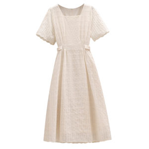 Cara CLUB Plus Size French Style Square Collar Short Sleeve Dress for Women Summer Mid-Length A-Line Skirt Slimming Waist Hiding Belly