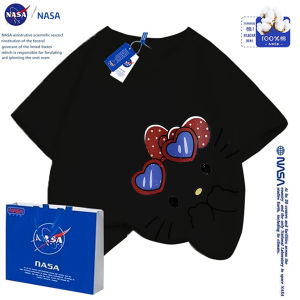 NASA Collaborative Pure Cotton Short Sleeve T-Shirt for Girls Summer Cute Student Mom Daughter Matching Top Cartoon Print Casual Loose Fit