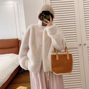Short Stand Collar Faux Mink Fur Coat Womens Winter Outerwear Eco-friendly Leather Animal Skin Style New Arrival