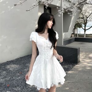 CHANGTONG | Stylish Petite White Dress Waist Accentuating Gentle and Cute