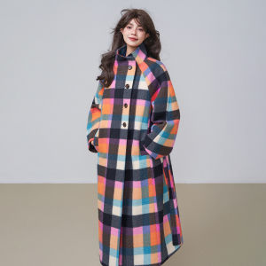 KEIKO | Dopamine Style Color Plaid Loose Long Wool Coat