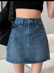 กระโปรงยีนส์สีเข้ม กระโปรงเอวสูงรูปตัว A ไซส์ S - 4 XL ทำให้ดูผอม (วัสดุไม่มีความยืดหยุ่น)