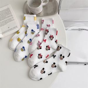 Disney | 5 Pairs of Disney Cute Cartoon Ankle Socks Novel Mickey Bear Printed White Casual Socks Comfortable Cute Girl Gift Socks