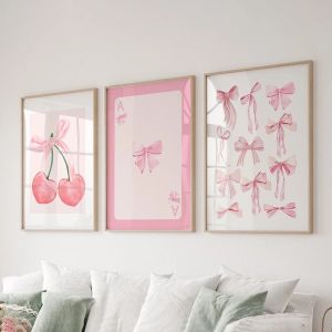 อินเทรนด์สีชมพู Bows โปสเตอร์ Wall Art ชุด 3 Preppy โปสเตอร์ College Apartment Decor สีน้ํา Bows พิมพ์ห้องนอน Wall Decor