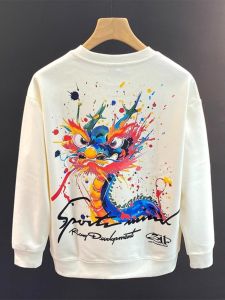 Chinese Dragon National Style Print Sweatshirt Mens 2024 Spring and Autumn New Arrival Silm Leisure Pullover round Neck Long-Sleeved Shirt Mens Clothing