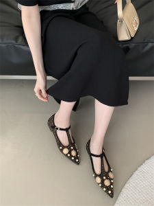 Retro Korean Style Womens Single Shoes Velvet Print Flat Bottom Pointed Toe Pearl Embellished Water Diamond Rivet Slip-On Shoes