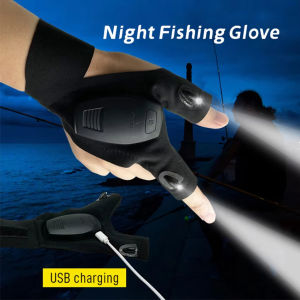 EKLEVA 1 Pair Outdoor Car Fishing Magic Strap Fingerless Gloves Night Light Waterproof Fishing Gloves with LED Flashlight Rescue Tools