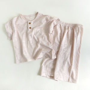 Summer New Bamboo Cotton Childrens Sleepwear Thin Short Sleeve Seven-Piece Pants Set Boys Girls Korean Style Home Clothes