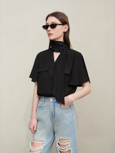 AMII | New Summer Style Chiffon Top with Lace Collar Peplum Hem Blend