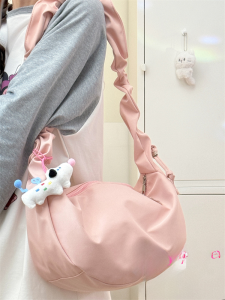 Fashionable Pink Crossbody Bag for Girls Dumpling Shape Single Shoulder Bag Casual Style Pure Color Polyester Lining