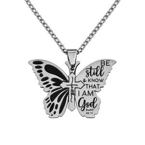 Christian Faith Cross Psalm 46:10 Butterfly Pendant Necklace Stainless Steel Bible Verse Necklaced For Women Men