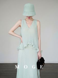 French Style Pleated Sleeveless Faux Two-piece Dress Summer