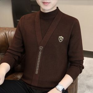 HENGYUANXIANG | Stylish Mens Knitted Sweater Fake Two-Piece Diamond Heat-Treatment Half-High Collar Base Layer Fashionable Urban Style Autumn