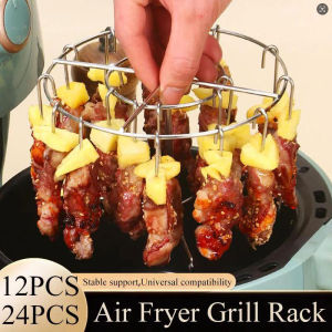 Air Fryer Skewer Stand with 12/24pcs Sticks Stainless Steel Vertical BBQ Skewer Holder Home Kitchen Grilling Tool Air Fryer Accessories