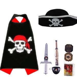 Boy Girl Party Clothes Skull Pirate Cosplay Costumes Pirate Cloak Mask Hat Toys Set Halloween Birthday Party Gifts Role-playing