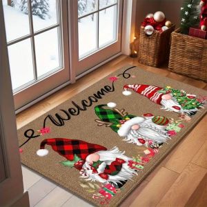 VIKAMA Christmas Gnome Welcome Door Mat Buffalo Plaid Tomte Santa Gifts Long Runner Rug Entryway Floor Mat Non Slip Decor