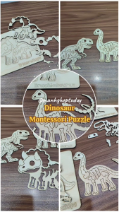 (Tặng Khắc tên bé) Montessori Dinosaur Wooden Puzzle_Xếp hình gỗ Khủng long (Gỗ tự nhiên nguyên liệu an toàn cho trẻ)