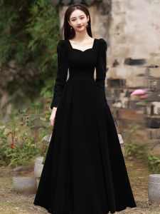 Elegant Black Long Evening Gown for Birthday Host mid Waist A-Line Skirt Velvet Fabric Korean Style Wedding Ceremony Performance