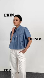 ALOHA Erin Top Denim 1320 | Atasan Kemeja Wanita Ruffle Denim Lengan Pendek | Busui Friendly