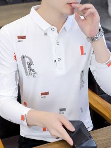 Stylish Long Sleeve Polo Shirt Mens Spring Autumn Korean Version Printed Collar T-Shirt Handsome Base Shirt Trendy Underwear