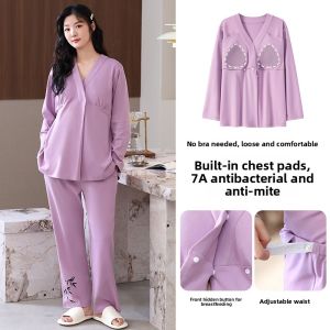 Miiow | Pure Cotton Maternity Nightgown With Chest Pad Four Seasons Nursing Postpartum Sleepwear Comfortable Long Sleeve V-Neck Gown