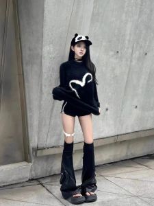 Soft Cozy Heart Patterned Mink Sweater Womens Mid-Length Autumn Winter New Style Cashmere round Neck Pullover Fashion Ladies Knitwear