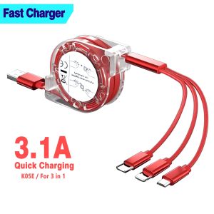 อุปกรณ์เสริมสายชาร์จแบทเตอรี่ USB 3.1A ชาร์จเร็ว Android/ชนิด C 3 In 1สายชาร์จ One-For-Three ยูเอส บีสายเคเบิลข้อมูลหดได้ถึง M + L + C ก่อนนั้นการจัดเก็บบอกลา K05E