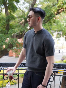 Light Mature Style Summer Clothing Polo Shirt Standard Fit Short Sleeve Stand Collar Henry Collar Breathable Knitted Fabric