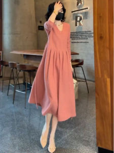 Red V-Neck Dress Womens Summer High-End Sensation Elegant Slimming Long Dress Korean Style Commute High Waist Casual Fashion
