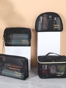 Women Mesh Makeup Bag Black Mesh Zipper Travel Cosmetic Bag Transparent Storage Bag Portable Large Capacity Pouch Washbag Toiletries Organizer