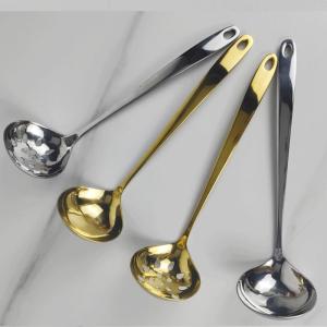 Stainless Steel Long Handle Soup Spoon Drainer Spicy Hot Pot Serving Ladle Korean Style Golden Color Cooking Utensil