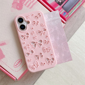 Korean Hollow Out Bowknot Solid Color Soft Silicone Phone Case For iPhone 16 Plus 15 14 13 Pro Max Shockproof Protective Cover