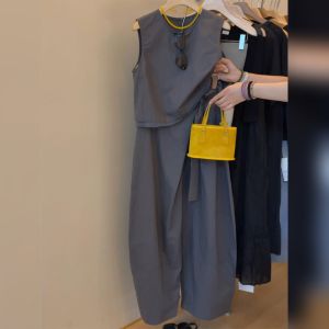 YUFUQING | Gray Sleeveless High Waist Wide Leg Pants Set Womens Casual Summer New Style Complete Matching Two-Piece Polyester Fiber