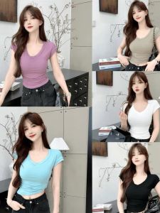 Kaka Womens Slim Fit Ice Silk V Neck Boat Sleeve T Shirt Versatile Base Layer Top Korean Style Combed Cotton Short Sleeve