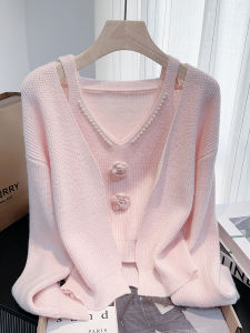 เสื้อสเวตเตอร์ถักนิตติ้งประดับลูกปัดสไตล์ฝรั่งเศสสำหรับผู้หญิง ฤดูใบไม้ร่วง 2025 คอกลม แขนยาว ปกติ 2 ชิ้น