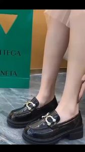 Korean Style Casual Bright Black Leather Shoes for Women