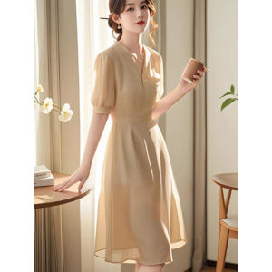 Sakura Lemon Pure Color Midi Dress with Short Sleeves and High Waist for Women Summer V-Neck Work Clothing with Button details