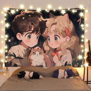 VIKAMA Night Cat Girl Couple Tapestry Cures Cute anime Background Buins Dormitory Decoration Tapestry Room Decoration