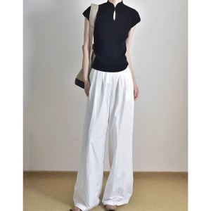 เสื้อยืดแขนสั้นไหมพรมสไตล์จีนสีดําสําหรับผู้หญิง พอดีตัว แฟชั่นฤดูร้อนสุดเท่