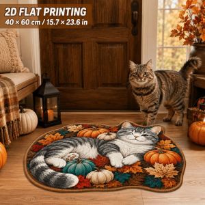 VIKAMA Fall Season Cat Shaped Floor Mat Non Slip Pumpkin Maple Leaf Rug Front Door Bathroom Bedroom Home Decor Yard Porch Patio