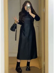 plus Size Womens Elegant Black Leather Dress Halter Neck Conceal Meat Slimming Autumn Winter High Waist A-Line Skirt Dress