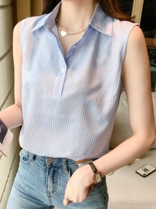 Womens Polo Collar Sleeveless Striped Shirt Summer New Style Inner Wear Tank Top Versatile Top Commute Style Loose Fit Regular Length