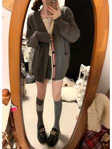 Gray Knitted Sweater Cardigan Womens Autumn Winter Soft Lazy V-neck Thick Outerwear Korean Style Loose Fit Long Sleeve