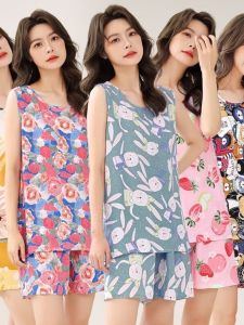Bộ Đồ Ngủ Vải Lụa Cotton Mùa Hè Cho Nữ Áo Không Tay Rộng Rãi Quần Short Mặc Nhà Cỡ Lớn Thoải Mái Mặc Ở Nhà