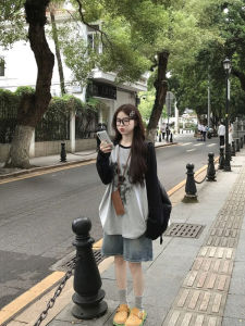 Kumikumi Lazy Sweet Color Block Long Sleeve T-Shirt Womens Loose Slimming Mid-Length Top Korean Style Commute Print Polyester Fiber