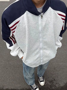 Mens Patchwork Open Cardigan Sweatshirt High Contrast Color Striped Half High Collar Jacket Casual Loose Fit Breathable