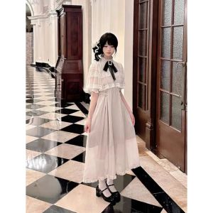 ชุดเดรสยาวลายลูกไม้สไตล์ญี่ปุ่น ทรงเอ เดรสยาวฤดูร้อน กระโปรงสั้น ชุดเดรสคอวีแขนกุด ผ้าโพลีเอสเตอร์ ชุดเดรสสไตล์ญี่ปุ่น