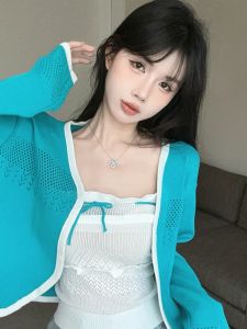 GUZILIAN | Áo len cardigan dệt kim tay dài gợi cảm mùa hè Áo hở lưng khoét sâu hai mảnh cổ điển Áo khoác ngoài cho nữ