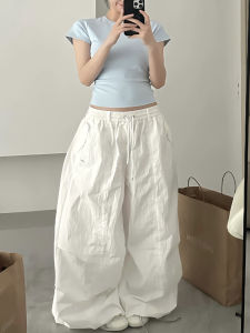 Ustone Hollow American Style Elastic Waist Parachute Work Trousers Drawstring Loose Wrinkle Casual Quick Dry Pants