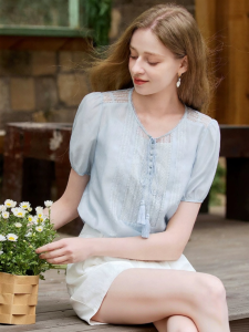 XIANGYING | Blue Flounced French Collar Lightweight Shirt